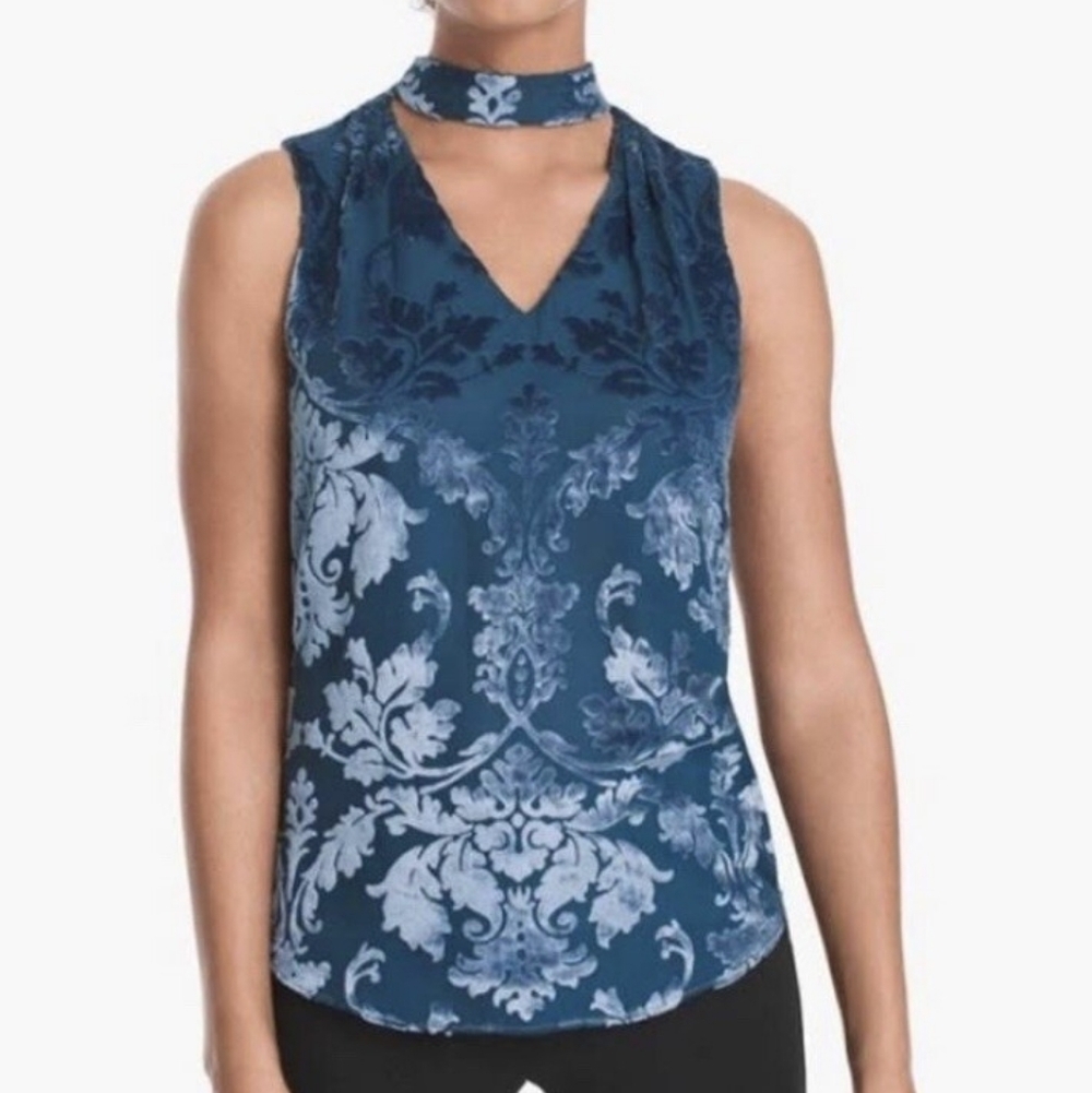 Elegant White House Black Market Blue Salma Sleeveless Velvet Blouse